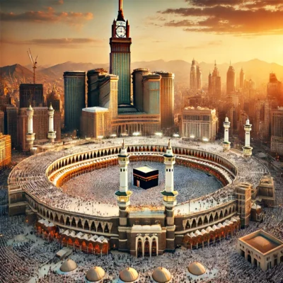 DALL·E 2024-06-18 18.47.15 - A stunning view of Mecca with the Grand Mosque (Masjid al-Haram) prominently featuring the Kaaba in the center, surrounded by worshippers in white gar