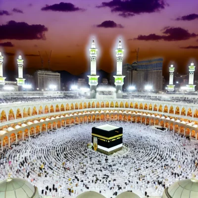 DALL·E 2024-06-19 13.55.04 - A stunning, high-resolution image of the Grand Mosque in Mecca, showing the Kaaba in the center surrounded by worshippers. The scene is set during dus